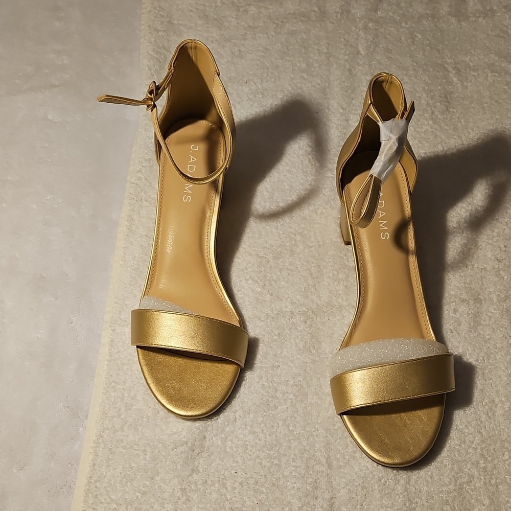 J. Adams Gold PU Strappy Block Heel Ankle Strap Sandals Buckle Women's Size 9.5